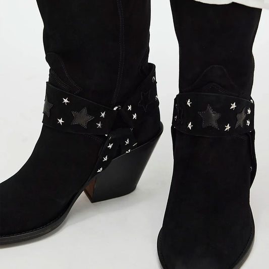 Black Vegan Suede Star Studded Chunky Heel Women's Western Boots