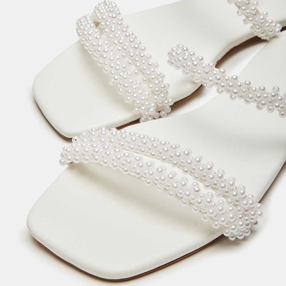 Women's Vegan Leather Square Toe Pearl Inlay Flat White Slippers