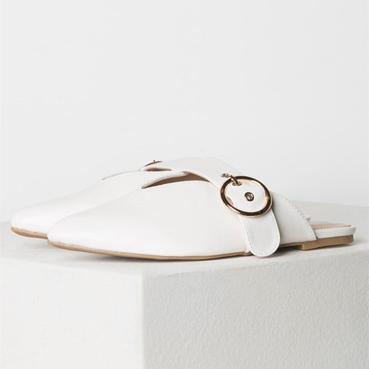 White Pointed Toe Comfortable Flat Mules with Buckle