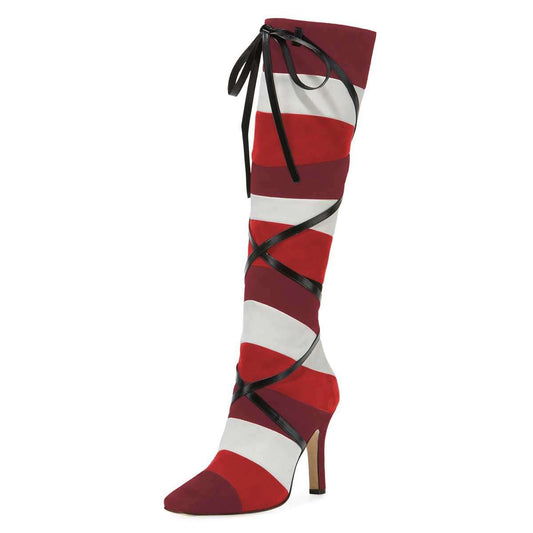 Three Tone Patchwork Heeled Knee High Boots with Black Strappy