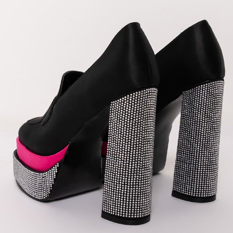 Black & Pink Platform Shoes Rhinestone Chunky Heels Office Loafers