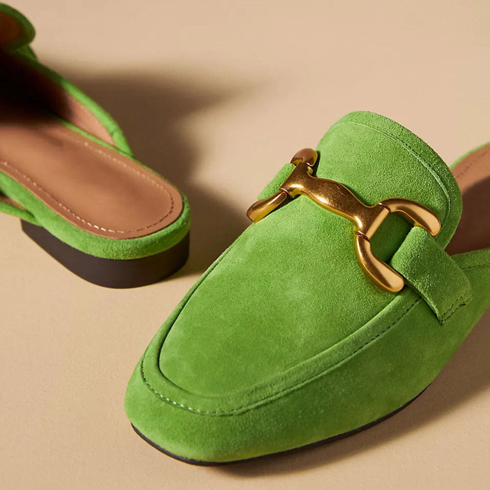 Green Faux Suede Round Toe Formal Slip On Loafers with Chain