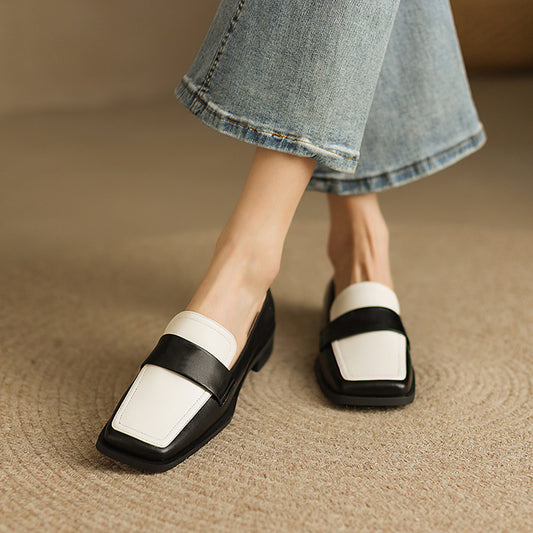 Black & White Square Toe Block Heel Loafers for Women
