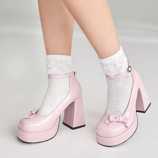 Pink Patent Leather Closed Round Toe Loafers With Chunky Heels