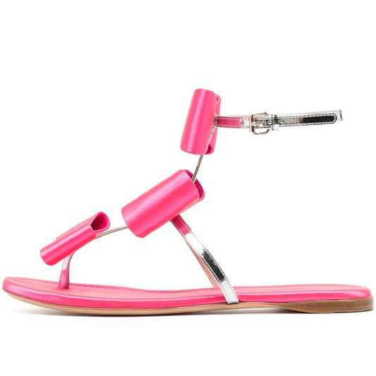 Hot Pink Open Toe Bow Decor T-Strap Flat Sandals for Women