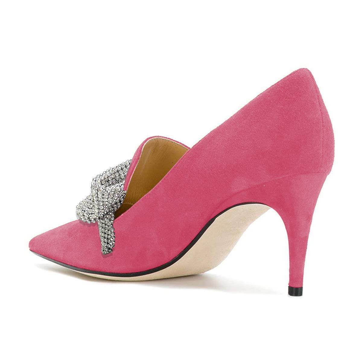 Women's Vegan Suede Pointed Toe Rhinestone Bow Loafer Pumps Heels