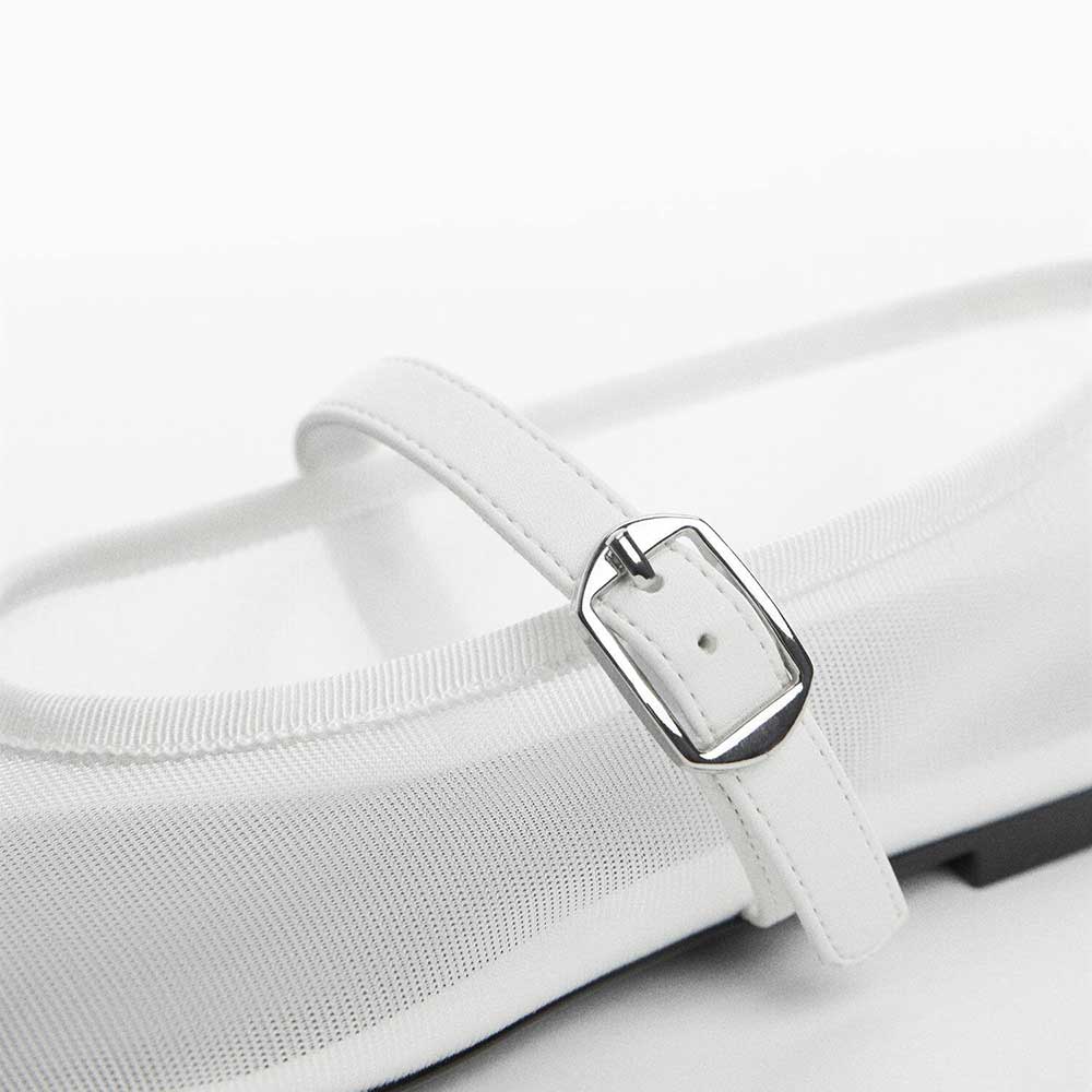 Women's White Mesh Sophisticated Buckle Strap Comfy Ballet Flats