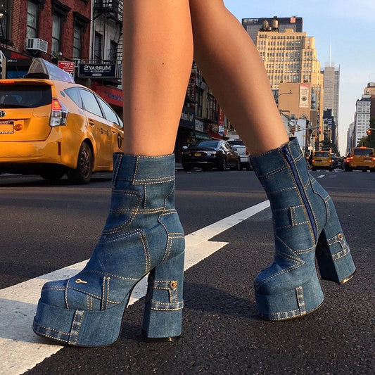 Blue Denim Patchwork Round Toe Chunky Heel Platform Ankle Boots