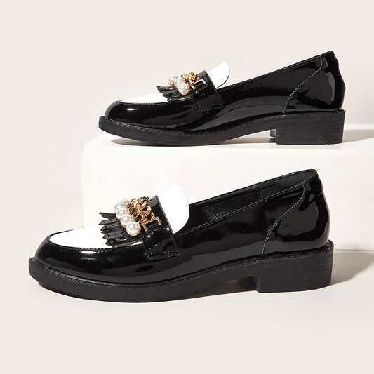 Black & White Patent Leather Fringe Pearl Block Heel Women's Loafers