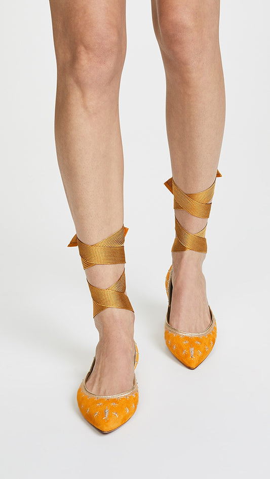 Yellow Vegan Suede Pointed Toe Wrap Strappy Flower Ballet Flats