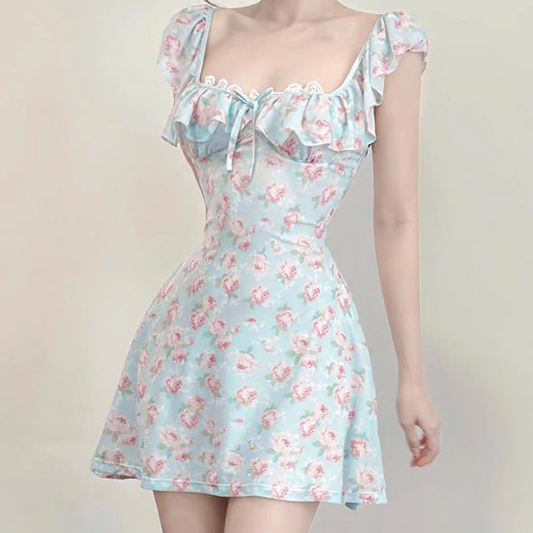 Cute Light Blue Floral Square-neck A-Line Short Summer Dresses Party Dress Homecoming Dress TP4341