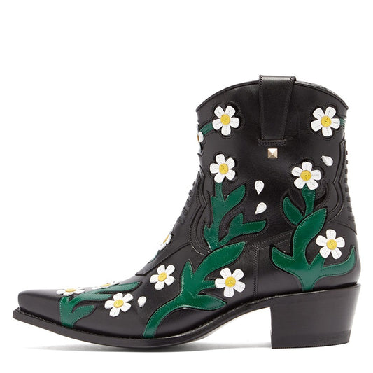 Black Snip Toe Cowgirl Ankle Boots with Zipper and Flower Inlay
