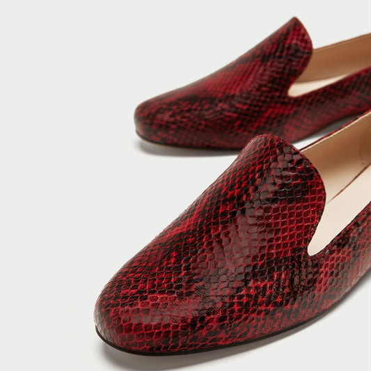 Burgundy Python Loafers for Women Round Toe Flats with Rhinestone