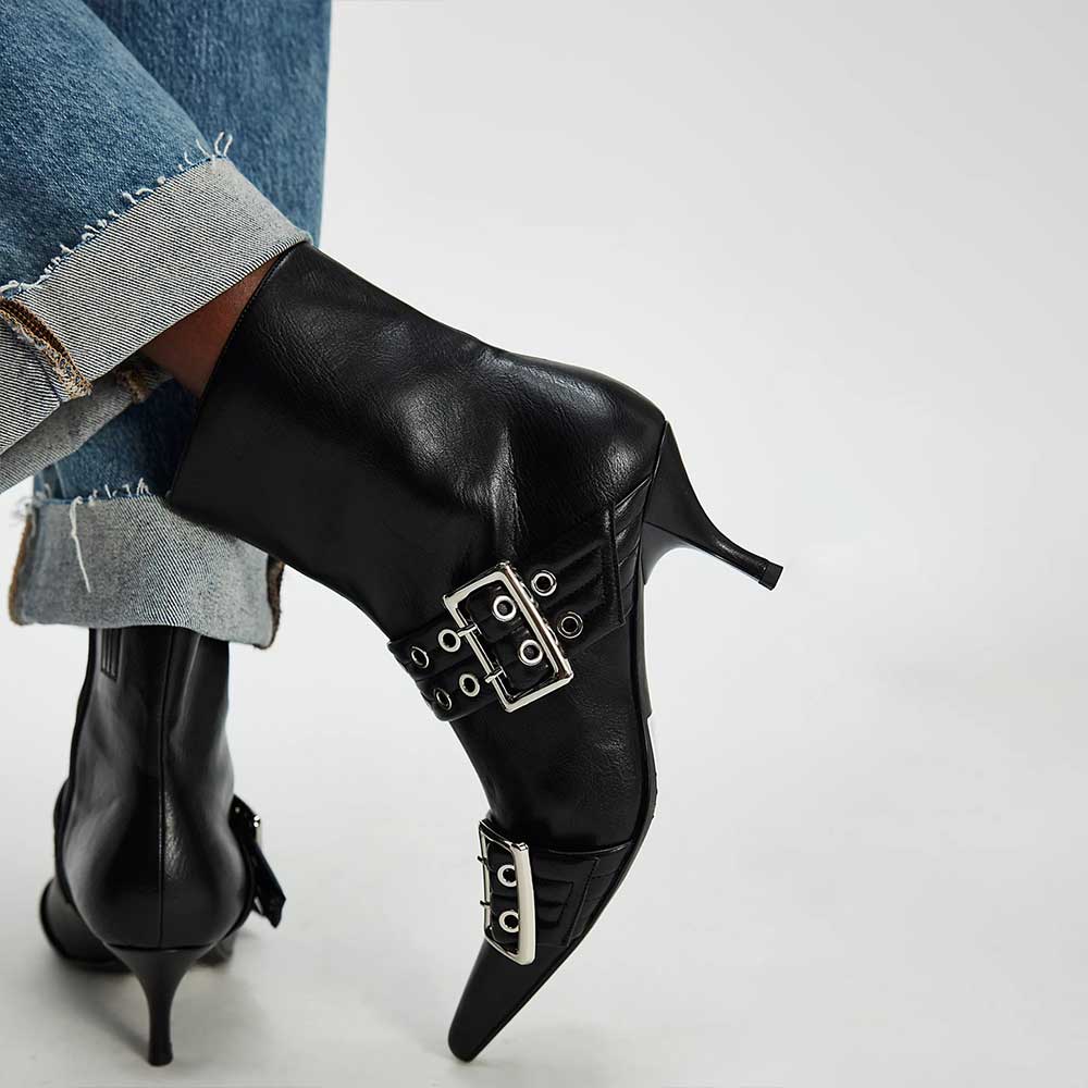 Black Grommets Buckle Strap Pointed Toe Kitten Heel Zip Ankle Boots