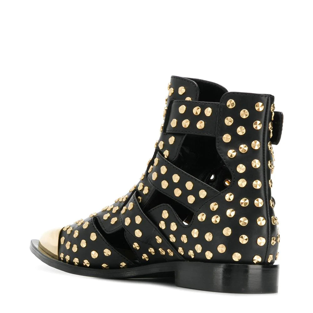 Black Cut Out Buckle Strap Gold Pointed Toe Ankle Boots with Studs