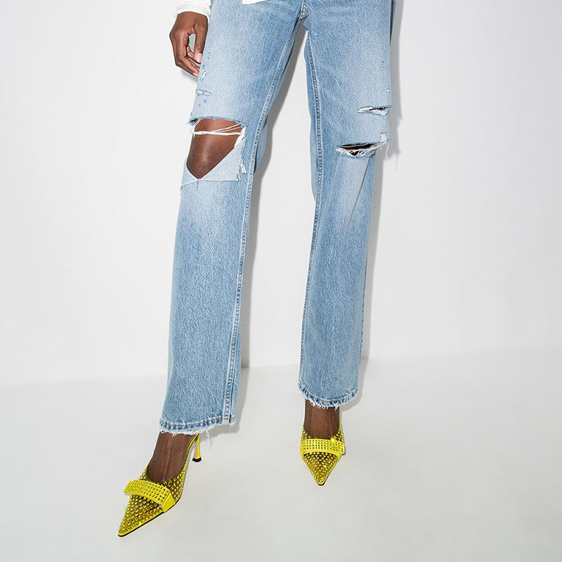 Yellow Rhinestone Kitten Heels Pointed Toe Transparent Mules