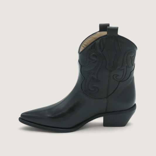 Black Pointed Toe Chunky Heel Embroidered Cowgirl Ankle Boots for Women