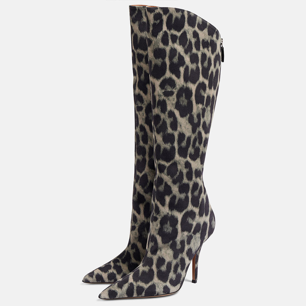 Black & Gray Leopard Print Pointy Toe Stiletto Heel Knee High Boots