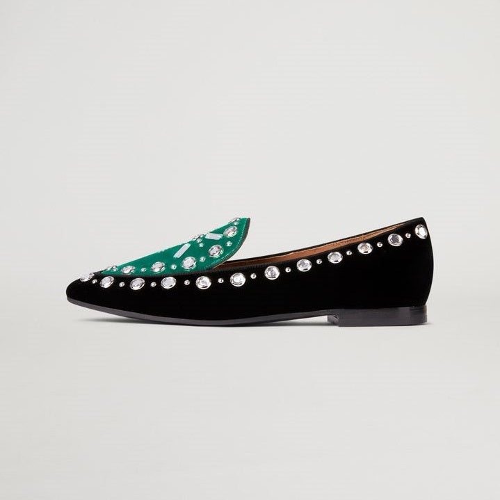 Green and Black Rhinestone Decor Flat Women's Loafers