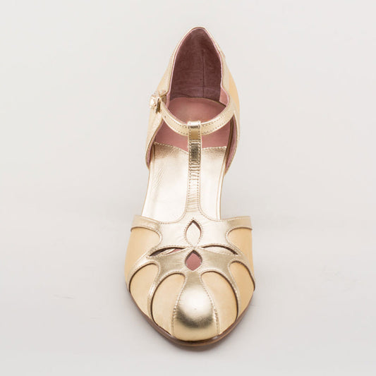 Yellow & Gold Satin Closed Toe T-Strap Pumps Vintage Womens Heels