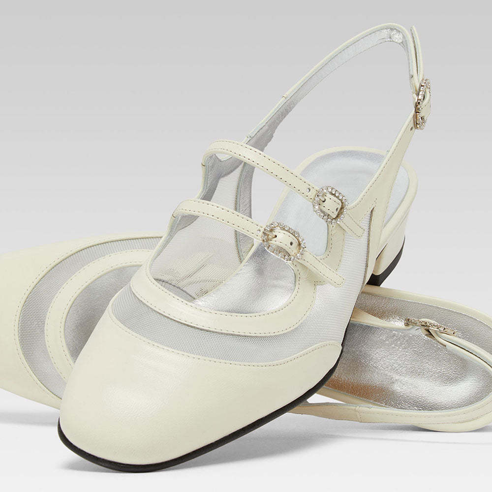 White Mesh Rhinestone Buckle Straps Mary Jane Flats with Slingback