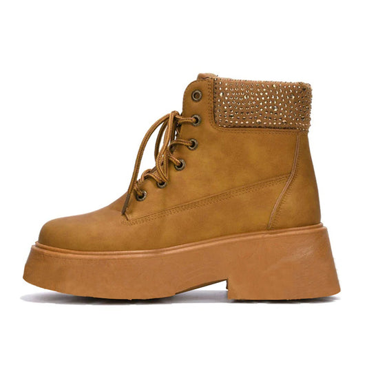 Women's Tan Round Toe Lace Up Chunky Boots with Rhinestone