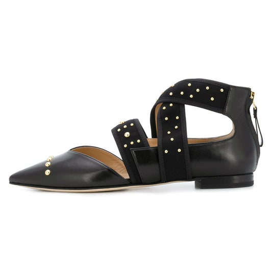 Black Pointy Toe Comfortable Flats Cross Strap Studs Shoes