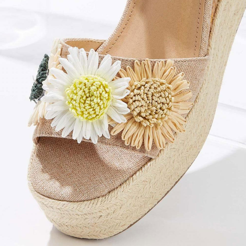 Nude Straw Flower Woven Platform Wedge Sandals with Ankle Strap