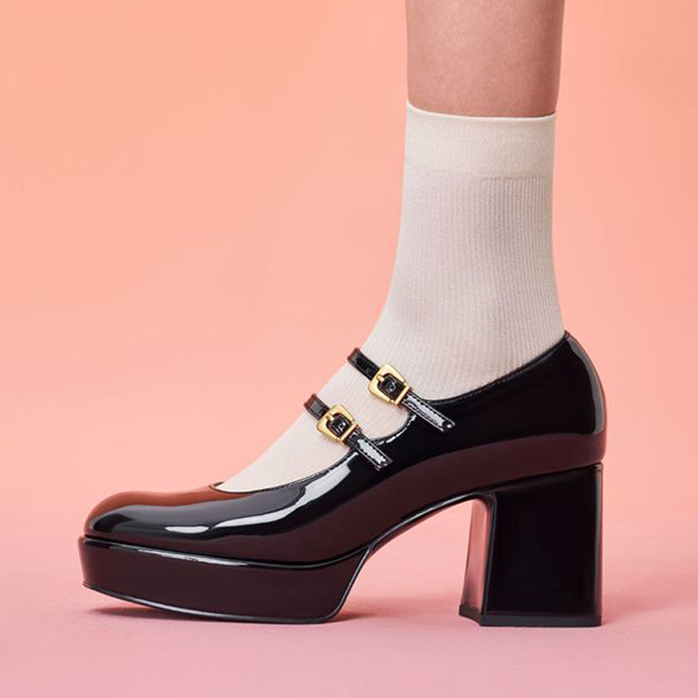 Black Patent Leather Closed Toe 3'' Chunky Heel Platform Loafers