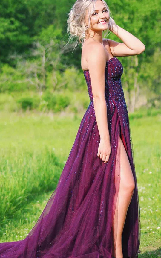PM454, A Line Tulle Grape Beaded Sweetheart Long Side Slit Prom Dresses