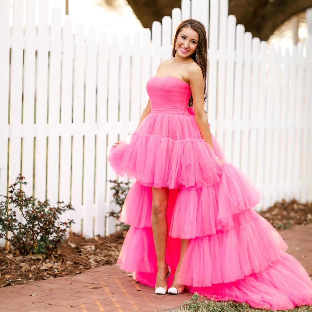 PM032,Hot pink tulle prom dresses strapless high low evening formal dress
