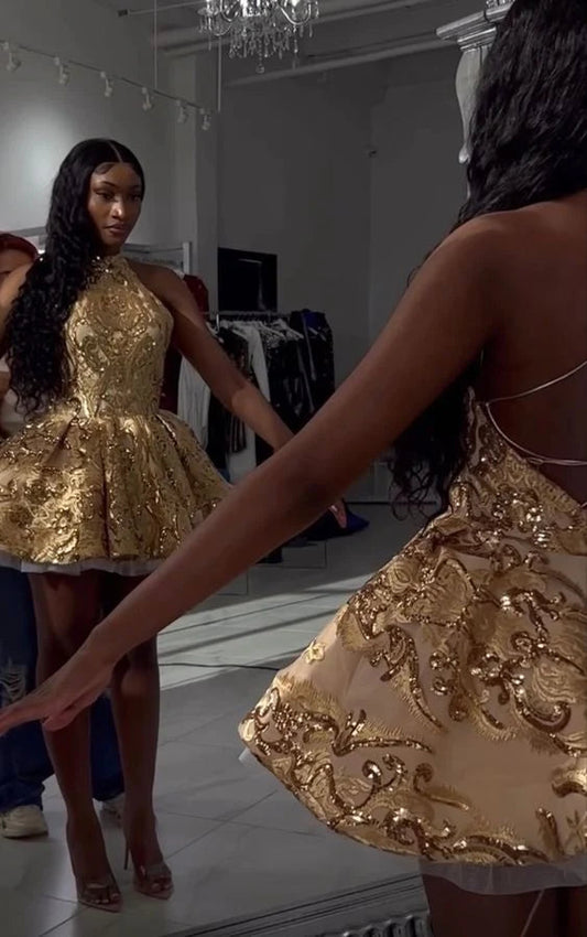 Modest Short Gold Homecoming Dresses Short Backless Hoco Dress