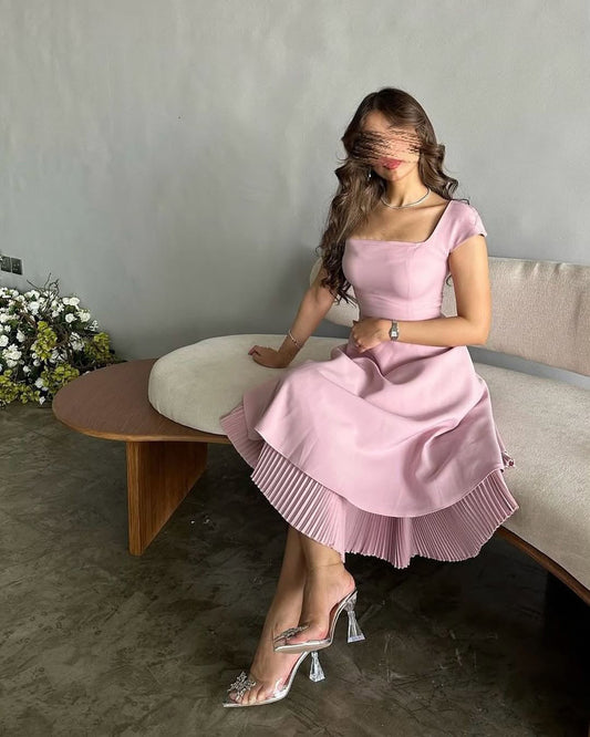 Pink Knee Length Dresses Party Evening Gowns A-line Midi Prom Gowns