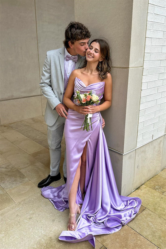 Lilac Prom Dress V Neck Ruched Fitted Formal Gown with Train