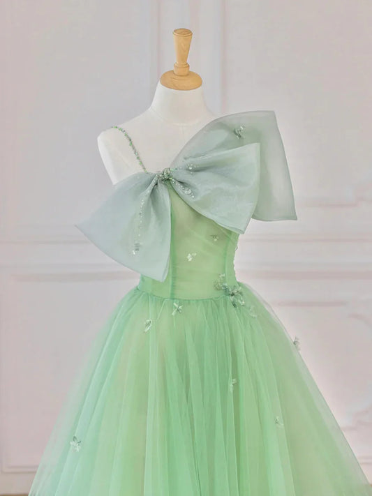 Previous Next Green Tulle Short Prom Dress, A-Line Evening Dress with Bow TP595