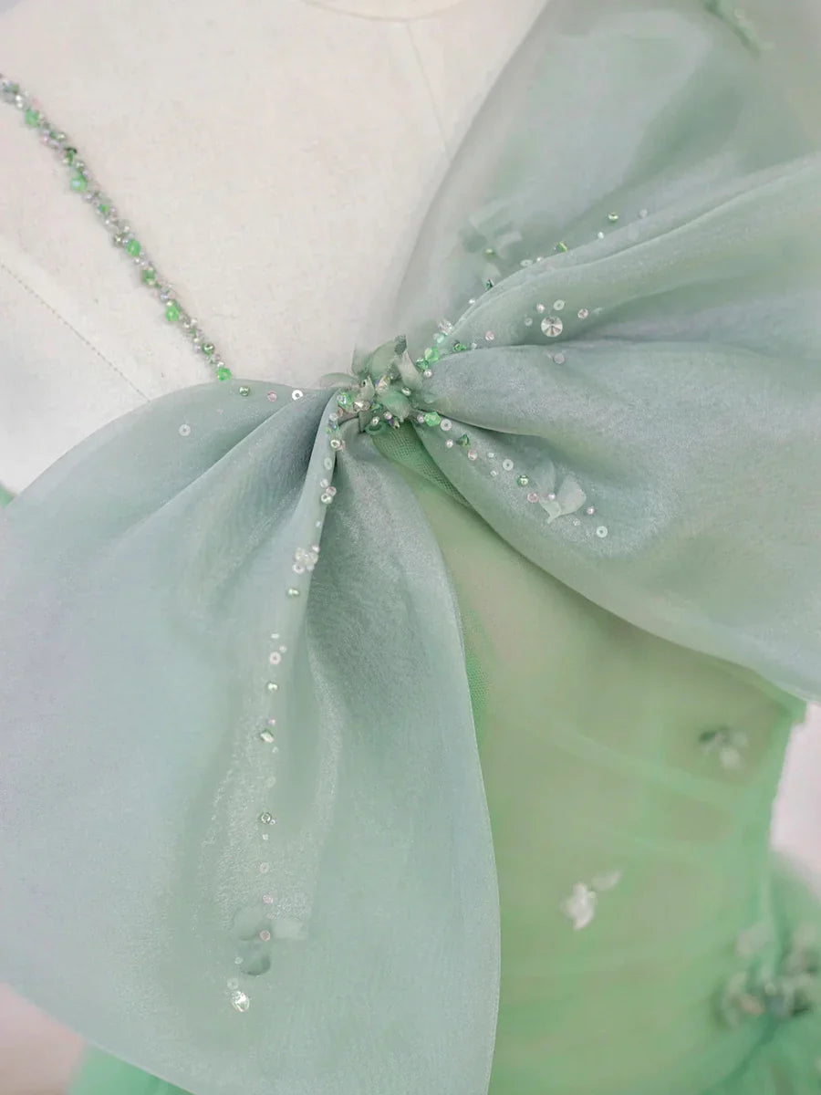 Previous Next Green Tulle Short Prom Dress, A-Line Evening Dress with Bow TP595