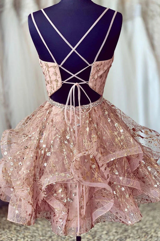 Pink V-Neck Tulle Short Prom Dresses, A-Line Mini Party Dresses TP710