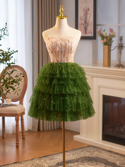 Green Tulle Layer Knee Length Prom Dress, A-Line Strapless Evening Party Dress TP774