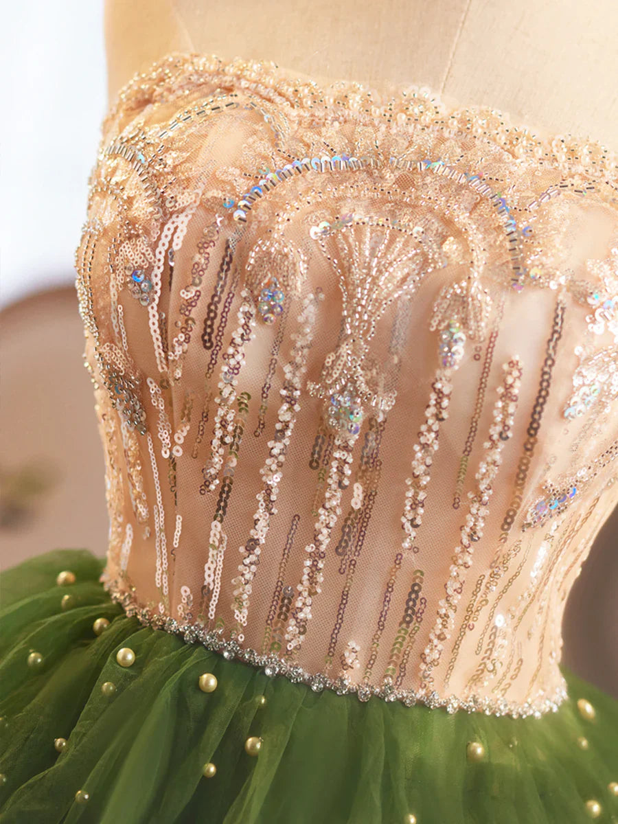 Green Tulle Layer Knee Length Prom Dress, A-Line Strapless Evening Party Dress TP774