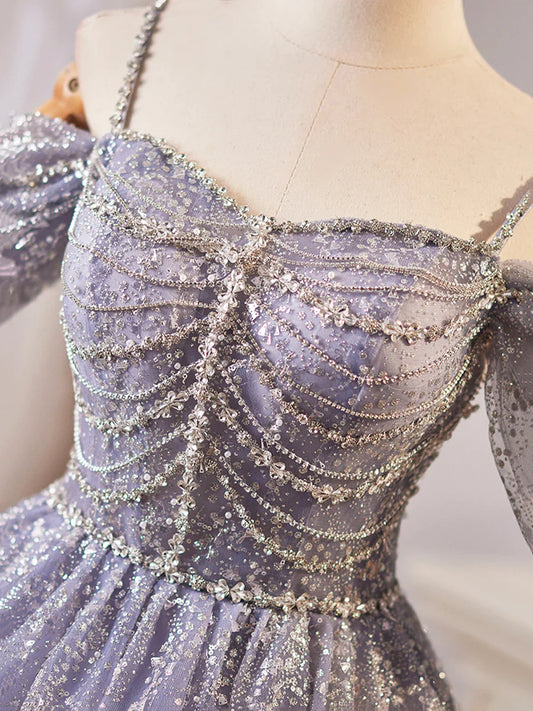 Shiny Tulle Sequins Knee Length Prom Dress, A-Line Off the Shoulder Evening Party Dress TP776