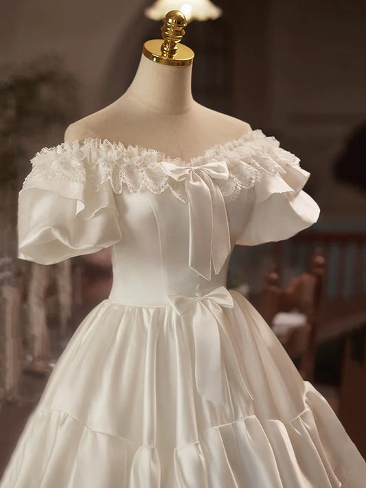 White Satin Lace Knee Length Prom Dress, A-Line Off the Shoulder Evening Party Dress TP779