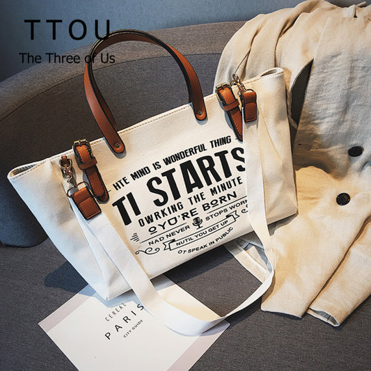 Sac fourre-tout en toile décontracté à motif de lettres pour femme, grande capacité