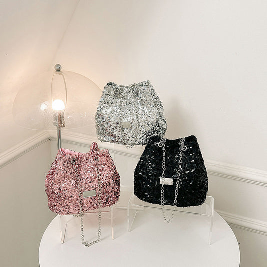 Sac seau à bandoulière créatif à chaîne et paillettes pour femme
