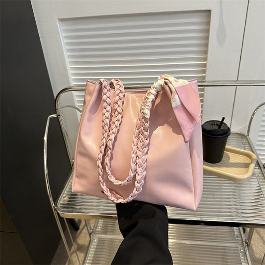 Women Fashionable Large Capacity Silk Scarf Handle Decorative PU Tote Bag