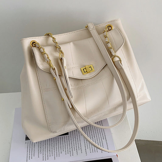 Simple Large-Capacity Women Fashion Chain Lock Design Shoulder Shopping PU Bag