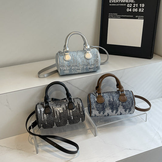 Sac à bandoulière cylindrique à paillettes vintage avec fermeture éclair
