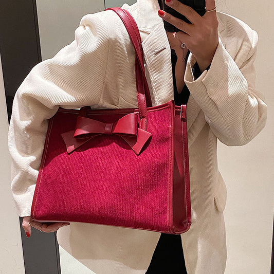 Summer Women Fashionable Solid Color Bow Decoration Square Large Capacity Tote Bag