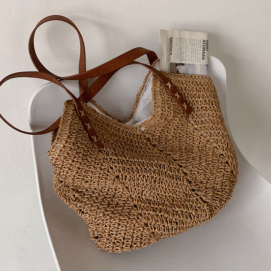 Sac à bandoulière en paille pour femme, décontracté, tissé creux, couleur unie, grande capacité
