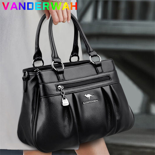 Women Casual Zipper Pocket Design Solid Color Large Capacity PU Handle Bag