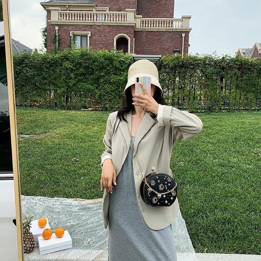 Retro Small Round Bag Chain Fashion Blue Embroidery Shoulder Crossbody Bag